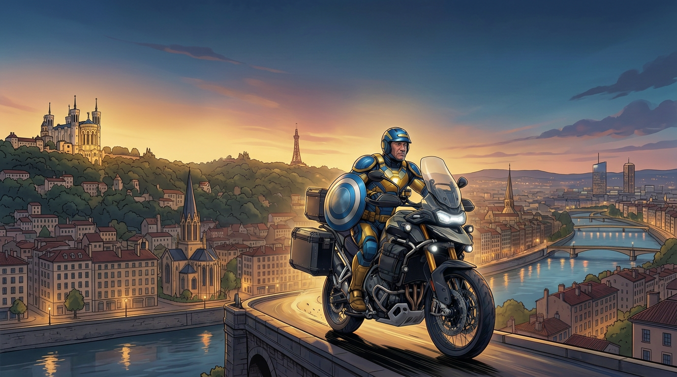 Dépanneur RDS à moto traversant un pont de Lyon au coucher du soleil